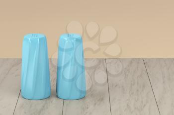 Blue salt and pepper shakers on the wood table, 3D illustration