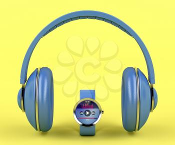 Over-ear headphones and smart watch on yellow background