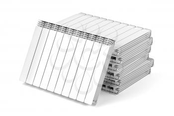 Stack with aluminum heating radiators on white background 