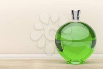 Green liqueur bottle in the kitchen, 3D illustration