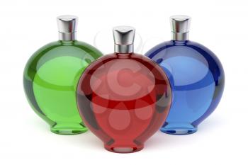 Three liqueur bottles with different colors on white background 