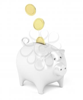 Filling piggy bank with golden coins, 3D illustration