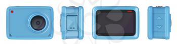 Front, side and back view of action camera, 3D illustration