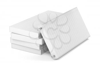 Stack with heating radiators on white background 