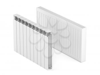 Steel and aluminum heating radiators on white background