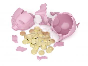 Broken piggy bank with many golden coins inside