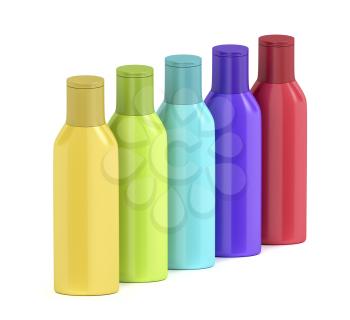 Group of plastic bottles for cosmetic liquids with different colors