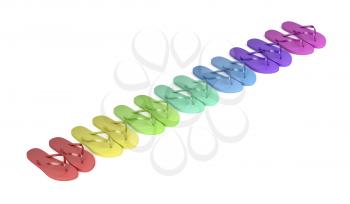 Multicolored flip flops on white background 
