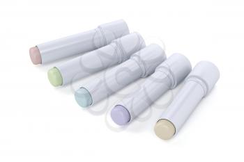 Five different lip balm sticks on white background