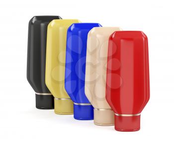 Plastic bottles with different colors for shampoo, shower gel, body lotion or other liquids