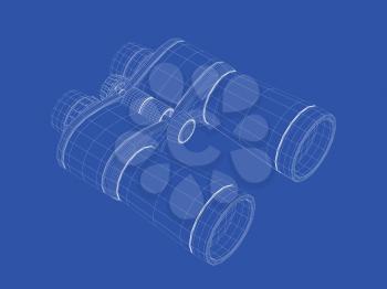 3D wire-frame model of binoculars on blue background