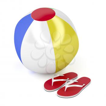 Beach ball and flip-flops on white background 
