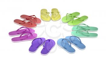 Colorful flip flops on white background 