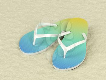 Colorful flip flops on sand, 3D illustration