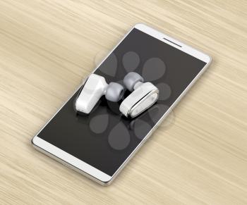 White wireless in-ear headphones and smartphone on wood table