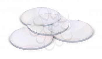 Eyeglasses lens with different diopters on white background 