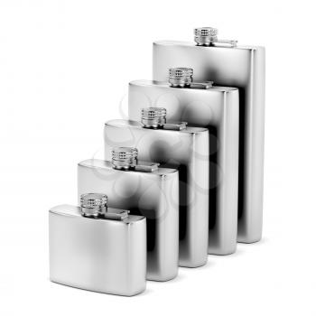 Five hip flasks with different sizes on white background