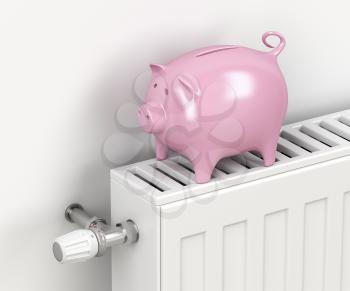 Piggy bank on central heating radiator. Concept image for saving money on heating. 