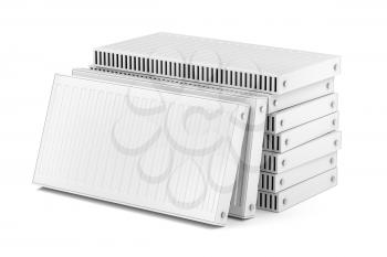 Group of heating radiators on white background