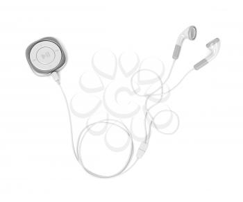 Silver music player and wired earphones on white background