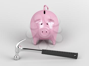 Piggy bank and hammer on gray background 