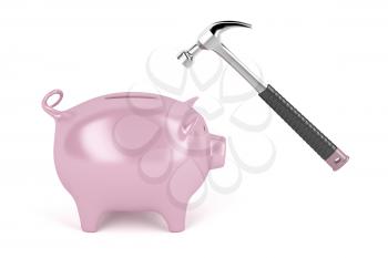 Piggy bank against hammer, 3D illustration 