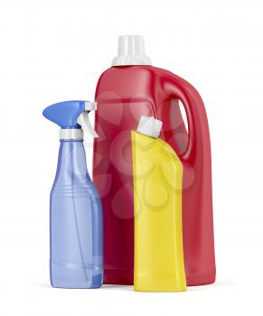 Plastic detergent bottles on white background 