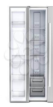 Opened door on empty side-by-side freezer, front view