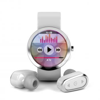 White wireless earphones and smart watch, 3D illustration