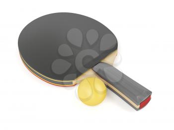 Table tennis racket and orange ball on white background