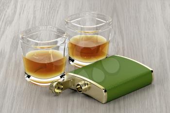 Green hip flask and two glasses of whisky on wooden table