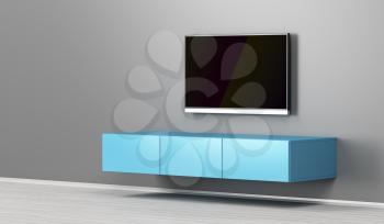 Wall mounted tv cabinet and big flat screen tv in the living room