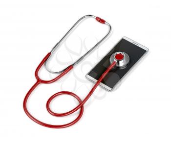 Concept image with smartphone and stethoscope on white background