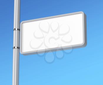 Blank billboard attached on column against blue sky 
