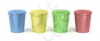 Metal trash cans with different colors on white background
