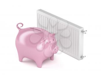 Piggy bank and heating radiator. Concept image for saving money on heating.