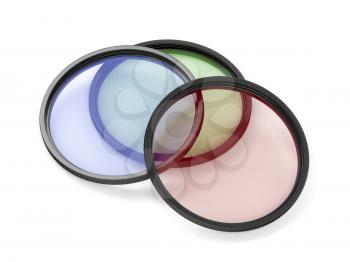 Colorful camera filters on white background