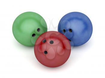 Three bowling balls with different colors on white background