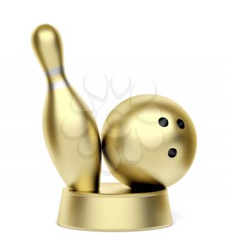 Gold bowling trophy on white background
