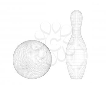 3D wire-frame model of bowling ball and pin on white background