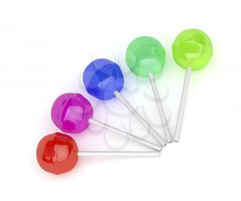 Five lollipops with different colors and flavors on white background