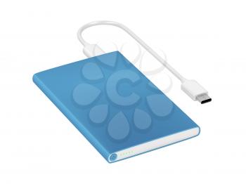 Blue power bank with usb-c cable isolated on white background