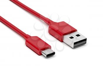 Red USB-C and USB-A cables on white background 