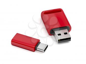Red flash drives with different usb interfaces on white background