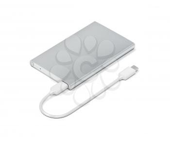Big power bank with usb-c cable on white background