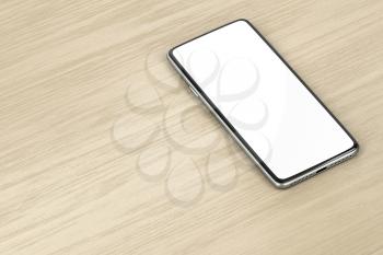 Bezel-less smartphone with blank display on wood background