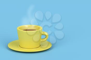 Yellow coffee cup with hot espresso on blue background