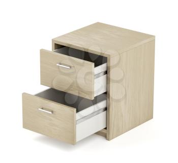 Nightstand with two opened drawers on white background