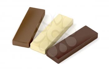 White, brown and dark chocolate wafers on white background