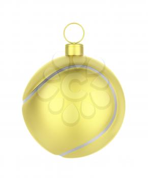Golden tennis ball like Christmas ornament, isolated on white background
